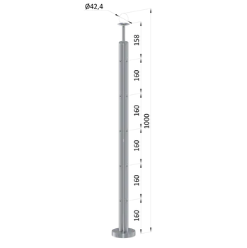 Zábradlí Nerezový sloup, vrchní kotvení, bez výplně, 5 řadový se závitem M6, rohový: 90°, vrch pevný (ø 42.4x2mm), broušená nerez K320 /AISI304
