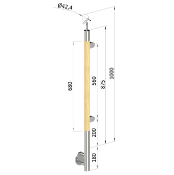 Dřevěný sloup, boční kotvení, výplň: sklo, pravý, vrch nastavitelný (ø42 mm), materiál: buk, broušený povrch s nátěrem BORI (bezbarvý)