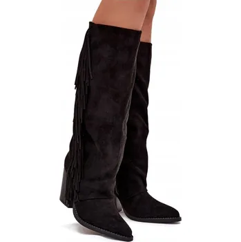 Dámské kozačky KOZAČKY KOVBOJSKÉ BOTY DÁMSKÉ S TŘÁSNĚMI Z EKO SEMIŠE NA ZIP ČERNÉ 37