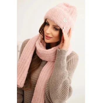 Čepice Dámský komplet čepice a dlouhého šálu z měkké příze pudrově růžový UNI