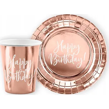 Party dekorace Sada 12 Ks kelímků a talířků Happy Birthday, růžové zlato