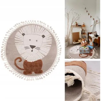 Koberec Dětský koberec se lvem Skandi 120x120 MĚKKÝ kulatý koberec s třásněmi