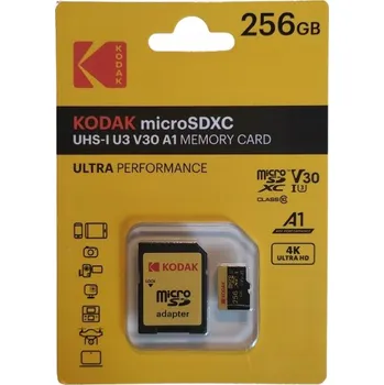 Paměťová karta Rychlá paměťová karta Kodak 256GB microSD SDXC UHS-I U3 V30 A1 4K + Adaptér