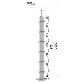 Zábradlí Nerezový sloup, vrchní kotvení, 6 řadový rohový, vrch pevný (40x40mm), broušená nerez K320 /AISI304
