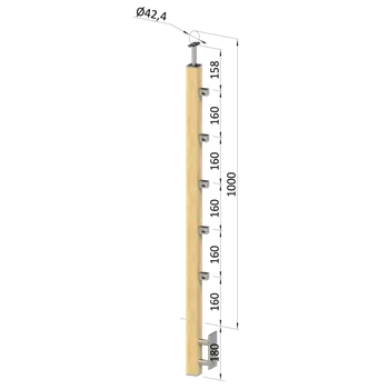 Dřevěný sloup, boční kotvení, 5 řadový, průchozí, vnitřní, vrch pevný (40x40mm), materiál: buk, broušený povrch bez nátěru