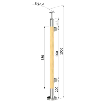 Zábradlí Dřevěný sloup, vrchní kotvení, výplň: sklo, pravý, vrch pevný (ø42 mm), materiál: buk, broušený povrch bez nátěru