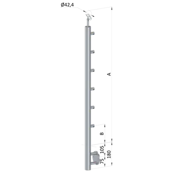 Zábradlí Nerezový sloup, boční kotvení, 6 řadový průchodný, vnitřní, vrch nastavitelný (ø 42,4x2 mm), leštěná nerez / AISI304