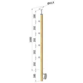 Zábradlí Dřevěný sloup, boční kotvení, 4 řadový, průchozí, vnější, vrch pevný (ø42 mm), materiál: buk, broušený povrch s nátěrem BORI (bezbarvý)