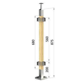 Zábradlí Dřevěný sloup, vrchní kotvení, výplň: sklo, rohový, vrch pevný (40x40mm), materiál: buk, broušený povrch bez nátěru