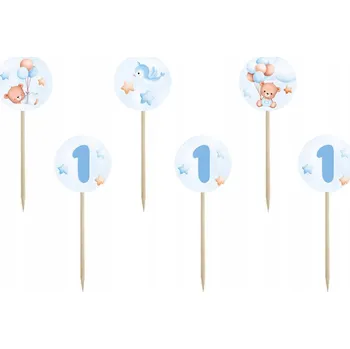 Balónek OZDOBA NA DORT MEDVÍDCI S BALÓNKY modré světle modré zápichy do dortu PRVNÍ NAROZENINY 6 Ks