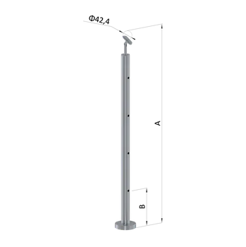 Zábradlí Nerezový sloup, vrchní kotvení, 4 děrový průchodný, vrch nastavitelný (ø 42,4x2 mm), broušená nerez K320 / AISI304