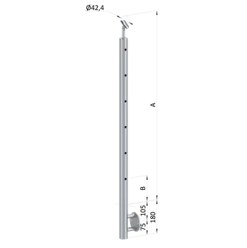 Zábradlí Nerezový sloup, boční kotvení, 6 děrový koncový, pravý, vrch nastavitelný (ø 42,4x2 mm), leštěná nerez / AISI304