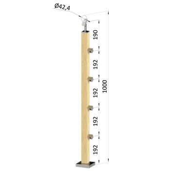 Dřevěný sloup, vrchní kotvení, 4 řadový, průchozí, vrch nastavitelný (40x40mm), materiál: buk, broušený povrch bez nátěru