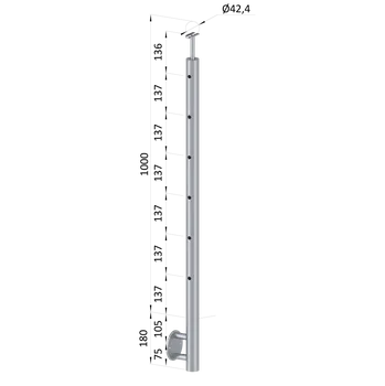 Zábradlí Nerezový sloup, boční kotvení, 6 děrový koncový, levý, vrch pevný (ø 42,4x2 mm), leštěná nerez / AISI304