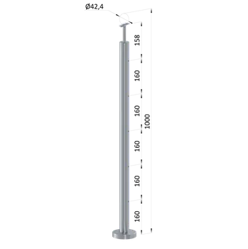 Zábradlí Nerezový sloup, vrchní kotvení, bez výplně, 5 řadový se závitem M6, vrch pevný (ø 42.4x2mm), broušená nerez K320 /AISI304