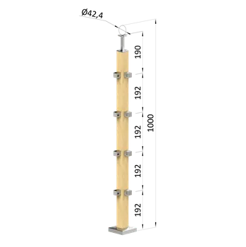 Dřevěný sloup, vrchní kotvení, 4 řadový, rohový: 90° vrch pevný (40x40 mm), materiál: buk, broušený povrch s nátěrem BORI (bezbarvý)