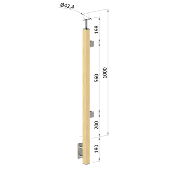 Dřevěný sloup, boční kotvení, výplň: sklo, koncový, pravý, vrch pevný (40x40mm), materiál: buk, broušený povrch s nátěrem BORI (bezbarvý)