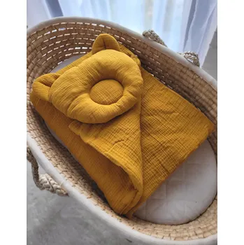 Polštář Mušelínová sada: peřinka a polštář Medvídek hořčicové barvy