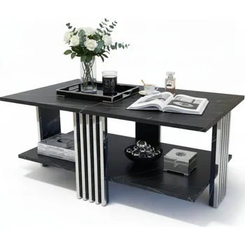 Konferenční stolek KONFERENČNÍ STOLEK DO OBÝVÁKU OBDÉLNÍKOVÝ DŘEVĚNÝ LAVIČKA POLICE MARMOR ČERNÝ