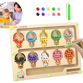 Dřevěná hračka DŘEVĚNÝ MAGNETICKÝ LABYRINT MONTESSORI VÝUKA BAREV A POČÍTÁNÍ ZMRZLINA