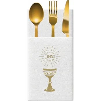 Příbor Kapsička na příbory Paw Airlaid Svaté Přijímání hostia bílo-zlatá 40 cm 25 ks