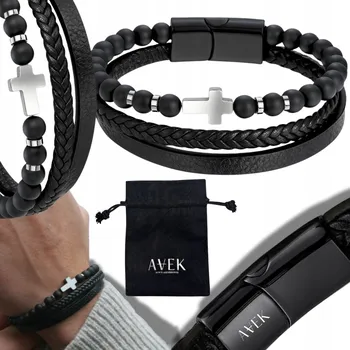 Náramek PÁNSKÝ NÁRAMEK NÁRAMEK S KŘÍŽKY, KORÁLKY, KORÁLKY ČERNÁ OCEL KOŽENÁ DÁRKOVÁ DÁREK