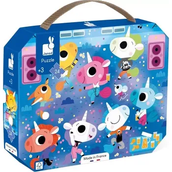 Puzzle Janod puzzle v kufříku – jednorožci na koncertě, 24 dílků