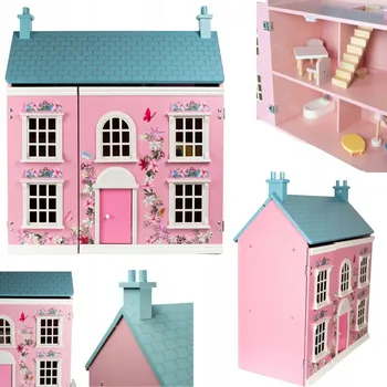 Domeček pro panenku KRÁSNÝ DŘEVĚNÝ DOMEČEK PRO PANENKY PUDROVÁ RŮŽOVÁ S NÁBYTKEM OTEVÍRACÍ