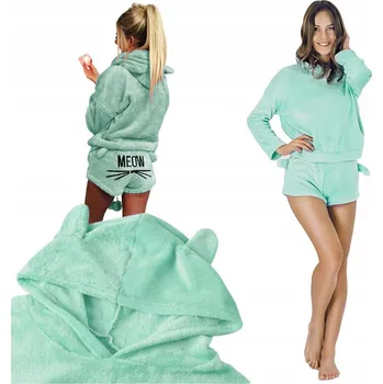 Dámské pyžamo Teplé dámské pyžamo dvoudílné s kapucí Měkké plyšové Meow L Modré