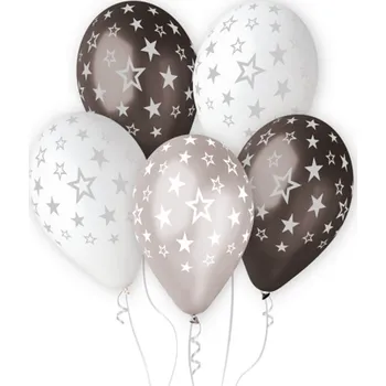 Balónek Balónky BAREVNÉ hvězdy potisk černé stříbrné x 6