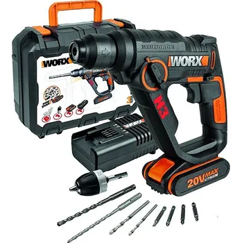 Pneumatické kladivo WORX Vrtací kladivo 3v1 AKU 20V s příslušentsvím v kufru WX390 (1x2 Ah)