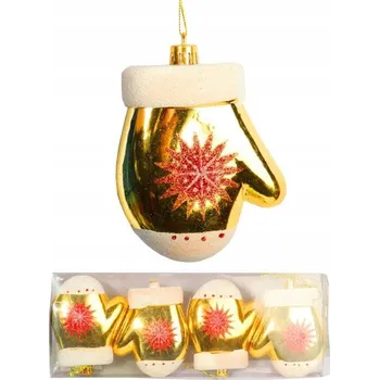 Vánoční dekorace Sada 4 Zlatých Plastových Vánocních Ozdob Rukavice se třpytkami 10cm Závěsky Vánoce