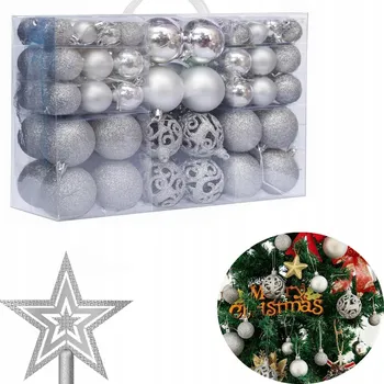 Vánoční dekorace SADA VÁNOČNÍCH BANĚK 100 KUSŮ + HVĚZDA NA ŠPIČKU STROMEČKU STŘÍBRNÉ