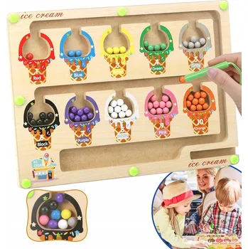 Dřevěná hračka DŘEVĚNÝ MAGNETICKÝ LABYRINT MONTESSORI TABULE - VÝUKA POČÍTÁNÍ A BAREV