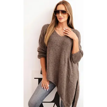Dámský svetr Kesi Svetr dámský vlněný asymetrický Plus Size s výstřihem do V Barva: Béžová - tmavě, Velikost: UNI