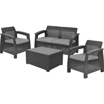 Zahradní sestava Zahradní ratanový nábytek pro 4 osoby antracitový, 2 křesla + pohovka + nízký stolek