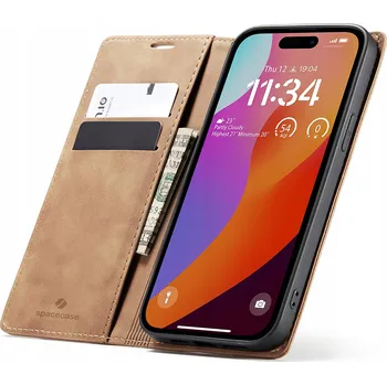 Pouzdro na mobilní telefon Pouzdro s klopou Spacecase pro Apple iPhone 15 Pro hnědé