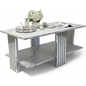 Konferenční stolek KONFERENČNÍ STOLEK LOFT OBDÉLNÍKOVÝ DŘEVĚNÝ LAVIČKA DO OBÝVACÍHO POKOJE S POLICÍ, BÍLÝ MARMOR