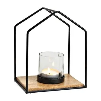 Svícen Kovový svícen ve tvaru domečku na mango dřevěném podstavci 25 cm