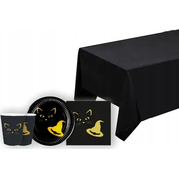 Party nádobí Papírová sada: kelímky, talířky, ubrousky, ubrus, 45 ks - Čarodějnice a kočka