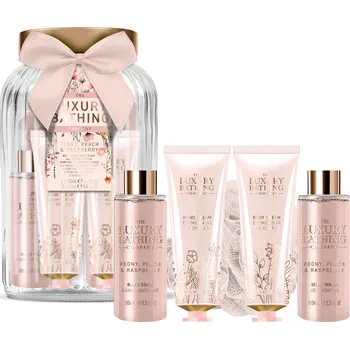 Kosmetická sada Grace Cole – Peony, Peach & Raspberry, sada s péčí o tělo ve skleněné dóze, 5 ks