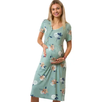 Dámská noční košile Těhotenská a kojicí noční košilka z pružného materiálu, zelená s květinovým vzorem 1D1668 zelená m