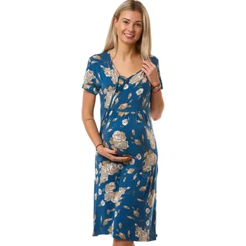 Dámské noční prádlo Těhotenská a kojicí noční košilka z pružného materiálu, modrá s květinami 1D1669 modrá l