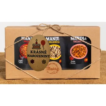 Dárková krabička Dárková sada Španělských mandlí mix citron+šunka Iberico+paprika krásné narozeniny (Dárková sada Španělských mandlí mix citron+šunka Iberico+paprika krásné narozeniny)