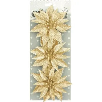 Vánoční dekorace Anděl Růže vánoční glitrová zlatá 3ks