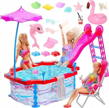 Doplněk pro panenku PRÁZDNINOVÝ SET PRO PANENKY 30 cm BAZÉN ŽEBŘÍČEK PLÁŽ LÉTO DÁREK
