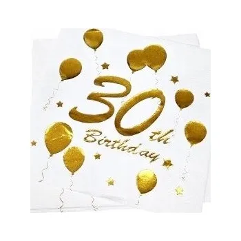 Papírový ubrousek PAPÍROVÉ UBROUSKY 30. narozeniny BIRTHDAY BÍLÉ ZLATÉ 33x33 cm 10 kusů