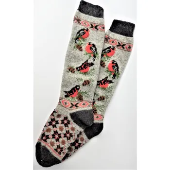 Dámské ponožky Dámské pletené podkolenky z ovčí vlny – teplé a prodyšné Barva: Šedá - motiv vrabec, Velikost: 37-38