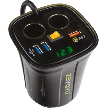 Dvojitá CL zásuvka s 3x USB+voltmetrem do držáku nápojů