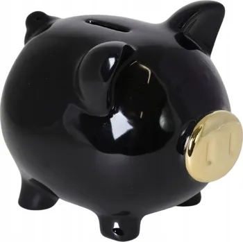 Pokladnička POKLADNIČKA PRASÁTKO ČERNÁ SE ZLATÝM ČUMÁČKEM VELKÁ 15x12x13 cm